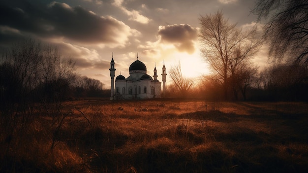 Eine Moschee auf einem Feld mit bewölktem Himmel