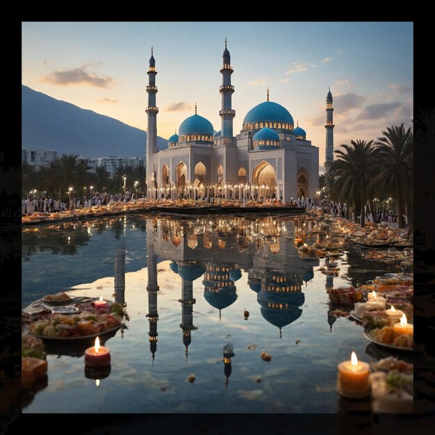 Foto eine moschee, die sich in ruhigem wasser spiegelt, arrangiert eine vielzahl von iftar-delikatessen auf der wasseroberfläche