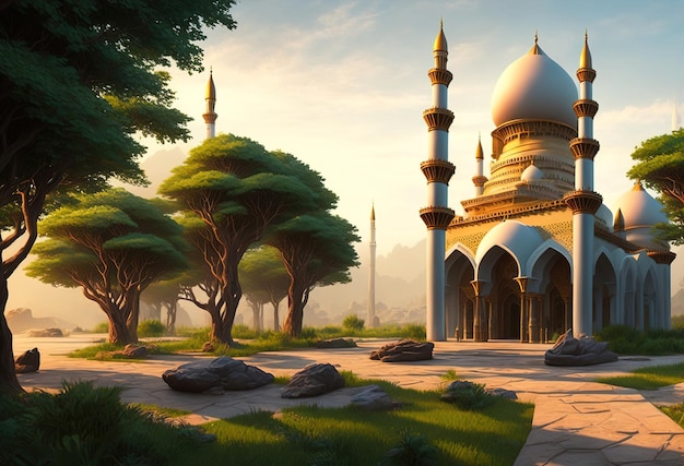Eine Moschee im Wald mit Bäumen und Himmelshintergrund ai_generated
