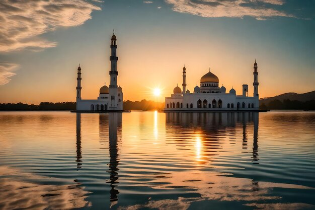 Eine Moschee in der Mitte eines Sees mit der untergehenden Sonne dahinter