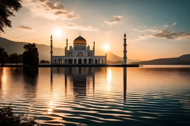 Eine Moschee in der Mitte eines Sees mit der untergehenden Sonne dahinter