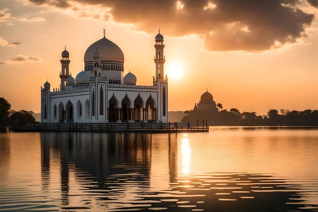 Eine Moschee in der Mitte eines Sees mit der untergehenden Sonne dahinter