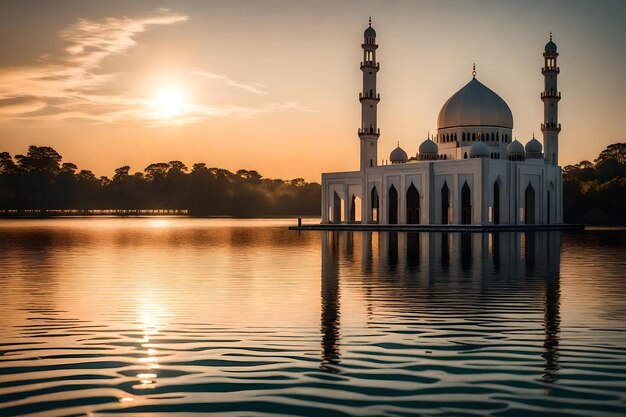 Eine Moschee in der Mitte eines Sees mit der untergehenden Sonne dahinter