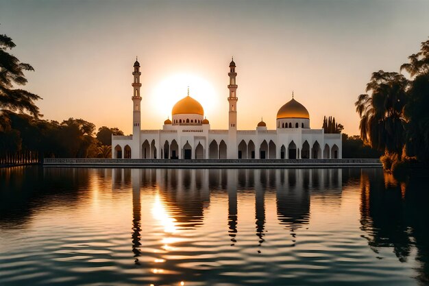 Eine Moschee in der Mitte eines Sees mit der untergehenden Sonne dahinter