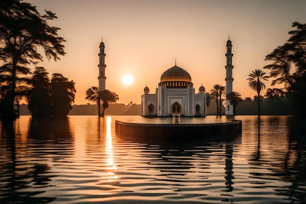 Eine Moschee in der Mitte eines Sees mit der untergehenden Sonne dahinter