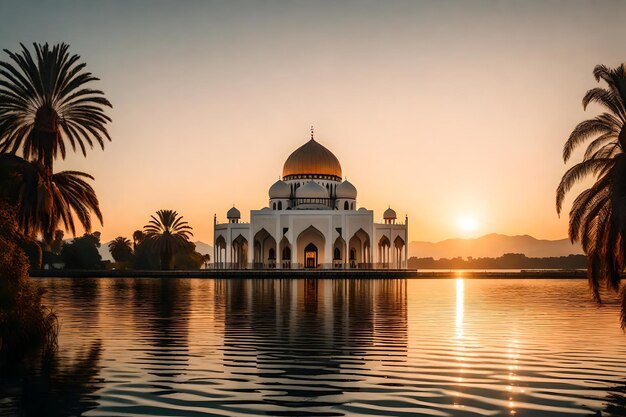 Eine Moschee in der Mitte eines Sees mit der untergehenden Sonne dahinter