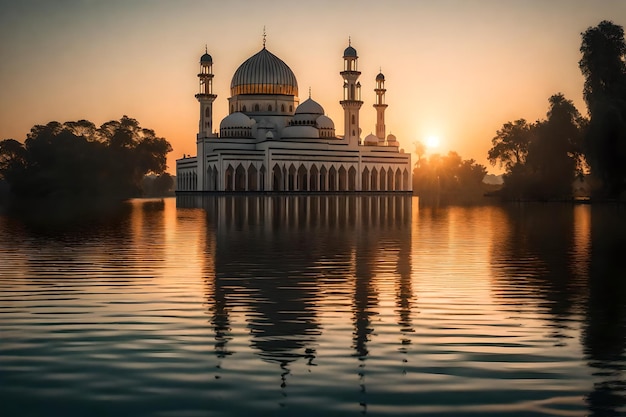 Eine Moschee in der Mitte eines Sees mit der untergehenden Sonne dahinter