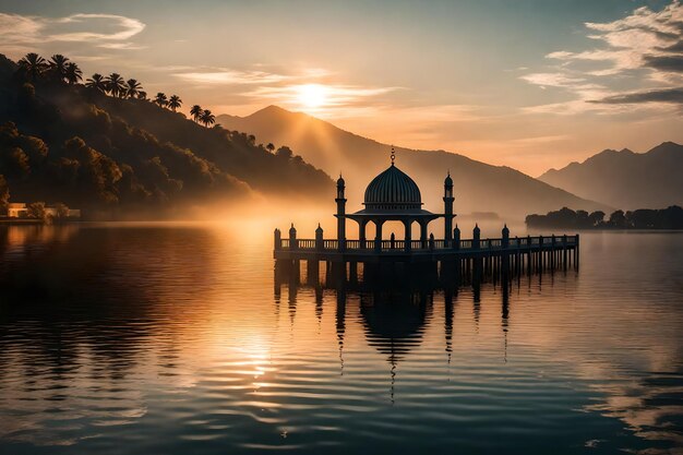 Eine Moschee in der Mitte eines Sees mit der untergehenden Sonne dahinter