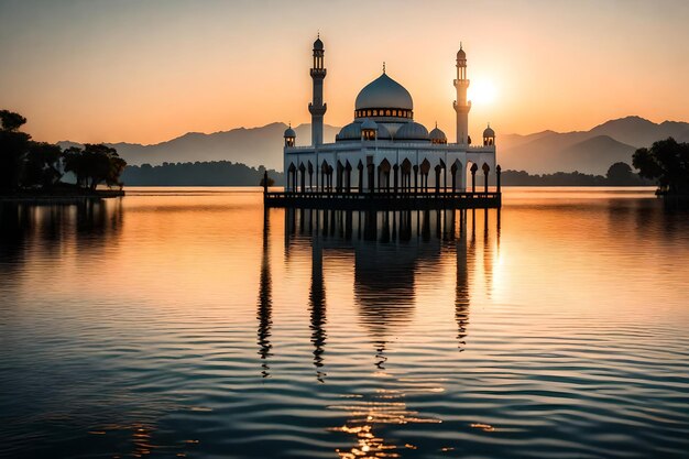 Eine Moschee in der Mitte eines Sees mit der untergehenden Sonne dahinter