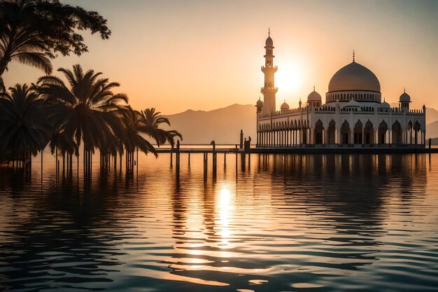 Foto eine moschee in der mitte eines sees mit der untergehenden sonne dahinter