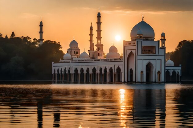 Eine Moschee in der Mitte eines Sees mit der untergehenden Sonne dahinter