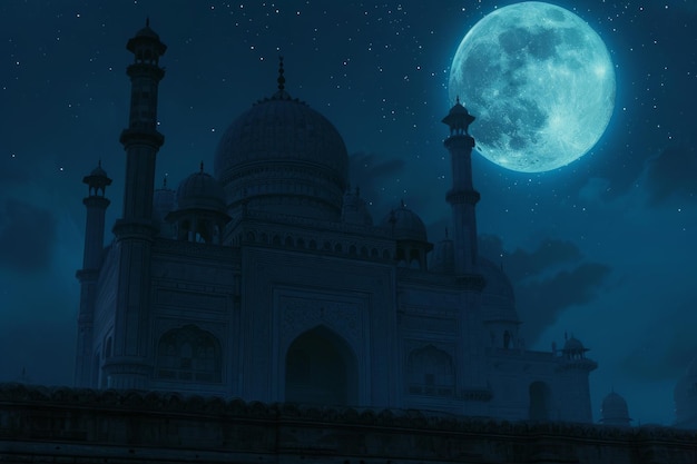 eine Moschee in der Nacht mit Mond und Sternen