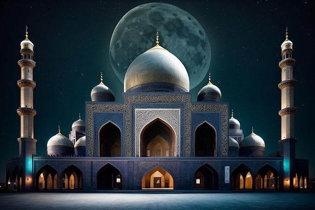 eine Moschee in der Nacht mit Vollmond am Himmel