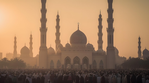 Eine Moschee in der Wüste mit goldenem Himmel