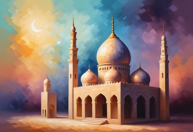 eine Moschee in der Wüste mit Mond und Sternen