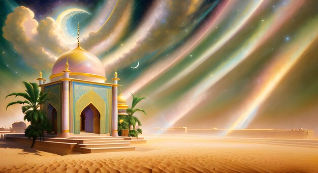 Eine Moschee in der Wüste mit Wolken im Hintergrund