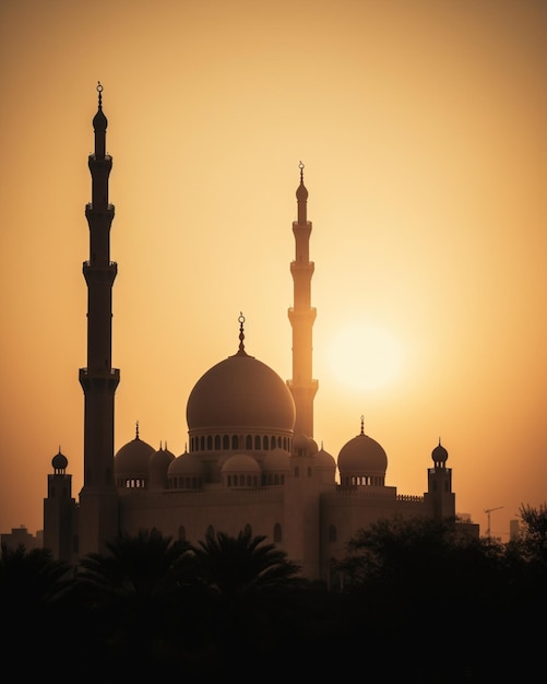 Eine Moschee in Dubai, hinter der die Sonne untergeht