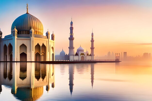 Eine Moschee in einem See mit einem Sonnenuntergang im Hintergrund