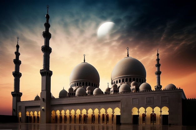 Eine Moschee mit bewölktem Himmel und dem Mond im Hintergrund