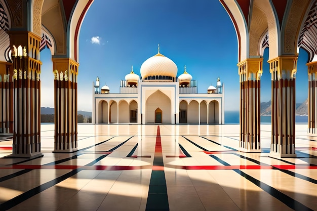 Eine Moschee mit blauem Himmel und einer Moschee im Hintergrund