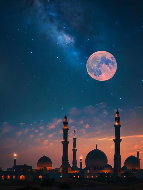 Eine Moschee mit dem Mond am Himmel