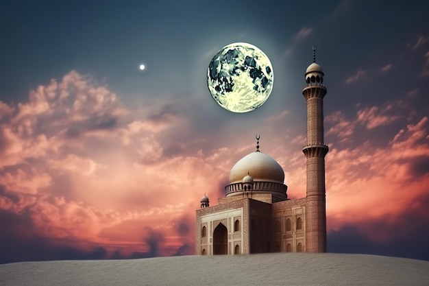 Eine Moschee mit dem Mond im Hintergrund