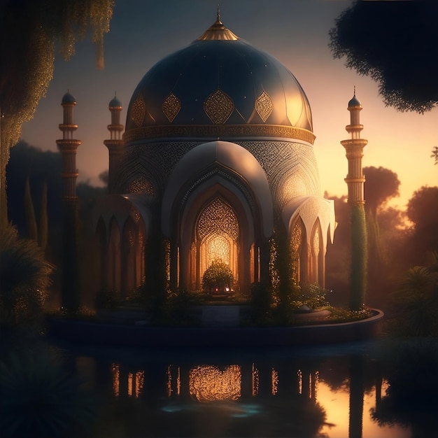 Eine Moschee mit der Spiegelung eines Gebäudes im Wasser