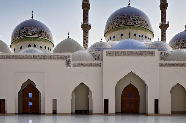 Eine Moschee mit einem blauen Schild, auf dem 'al - muscat' steht