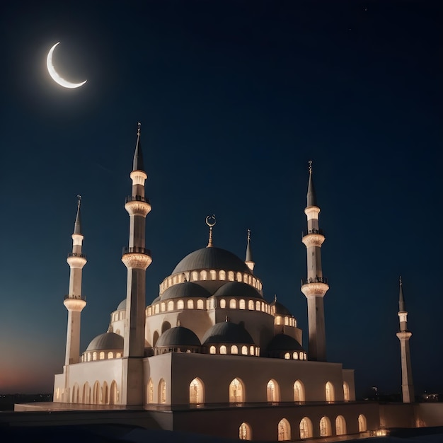 eine Moschee mit einem Halbmond im Hintergrund und dem Mond darüber