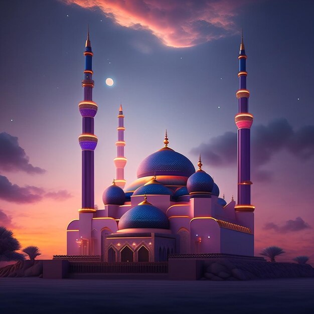 Eine Moschee mit einem Mond am Himmel