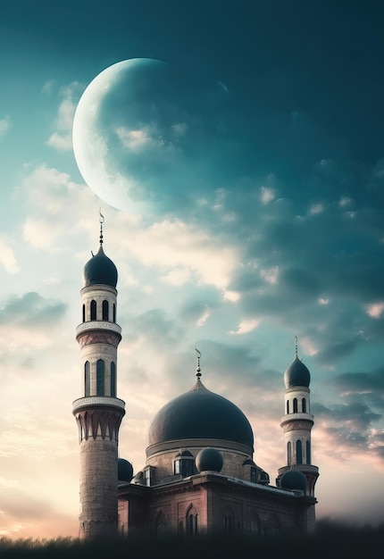 Eine Moschee mit einem Mond im Hintergrund