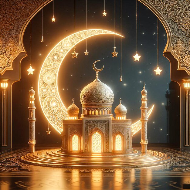 eine Moschee mit einem Mond und einer Moschee im Hintergrund
