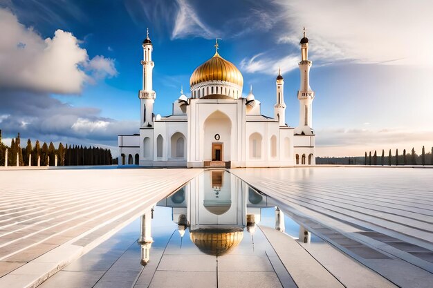 eine Moschee mit einer Reflexion des Himmels und der Wolken