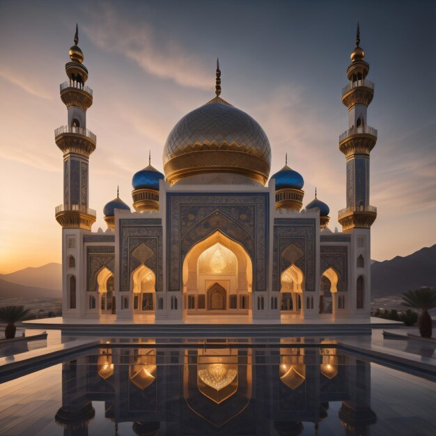 Eine Moschee mit einer Spiegelung der Sonne und der Berge im Hintergrund.