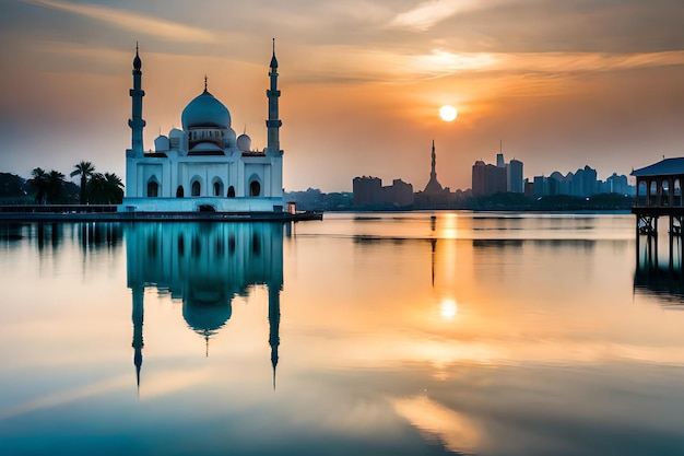 Eine Moschee mitten in einem See, hinter der die Sonne untergeht.