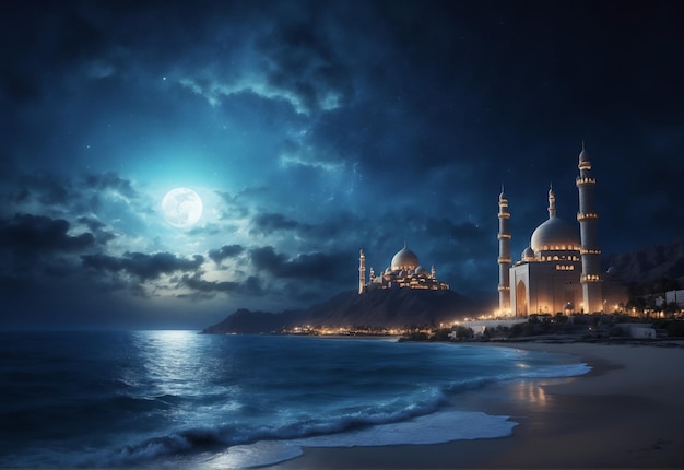 Eine Moschee wird nachts mit dem Mond im Hintergrund beleuchtet