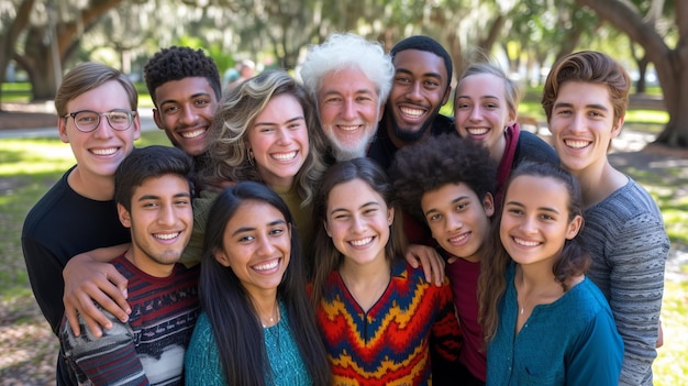 Eine multiethnische Gruppe von Jugendlichen und ein Erwachsener lächeln gemeinsam im Freien