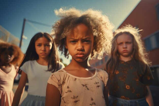 Foto eine multiethnische gruppe von schulkindern mit ihrem anführer, die wütend und frustriert in die kamera schaut