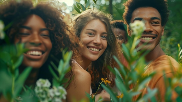 Eine multikulturelle Gruppe von Freunden, die zusammen in der üppig grünen Natur glücklich sind, Vielfalt und Inklusion