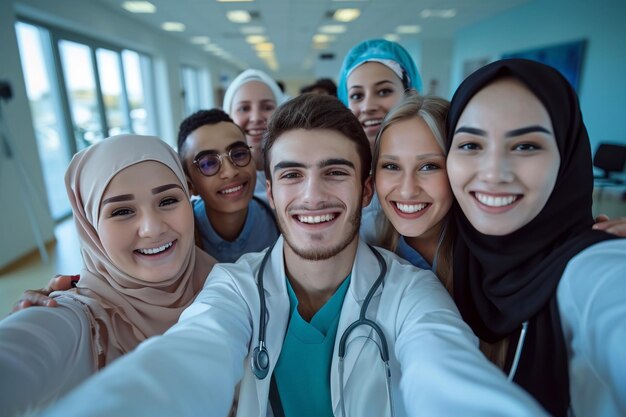 Eine multinationale Gruppe glücklicher Studenten amüsiert sich bei Selfies an einer medizinischen Universität