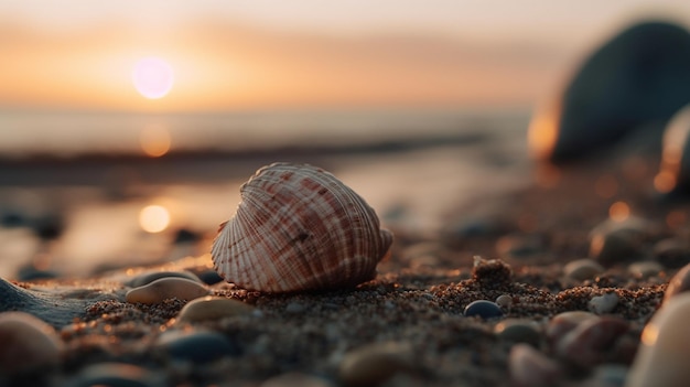 Eine Muschel am Strand bei Sonnenuntergang