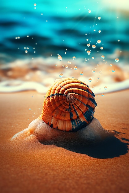 Eine Muschel am Strand mit Wasserblasen