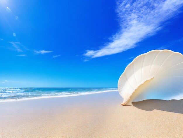 Eine Muschel an einem Strand mit einem blauen Himmel im Hintergrund wurde von der KI erzeugt