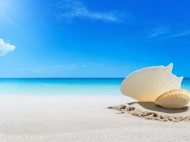 Eine Muschel an einem Strand mit einem blauen Himmel im Hintergrund wurde von der KI erzeugt