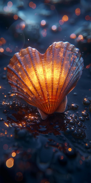 Eine Muschel mit einem Licht im Inneren auf dem Wasser mit Blasen um sie herum und einem verschwommenen Hintergrund