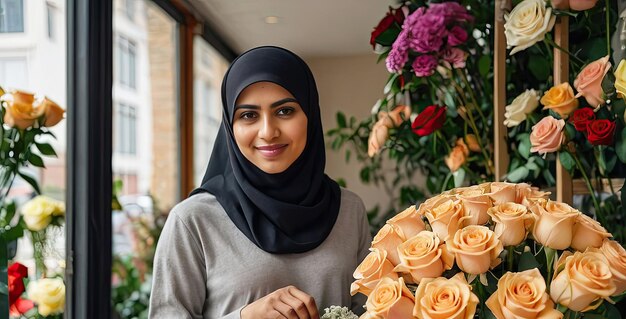 Eine muslimische Blumenhändlerin sammelt ein Bouquet von Rosen, frisch geschnittene Blumen in Vasen in Blumenläden und Regalen zum Verkauf, Lieferung für den Urlaub Frühling 8. März Frauentag, KI generiert