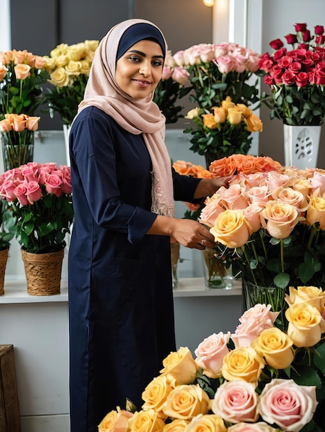 Eine muslimische Blumenhändlerin sammelt ein Bouquet von Rosen, frisch geschnittene Blumen in Vasen in Blumenläden und Regalen zum Verkauf, Lieferung für den Urlaub Frühling 8. März Frauentag, KI generiert