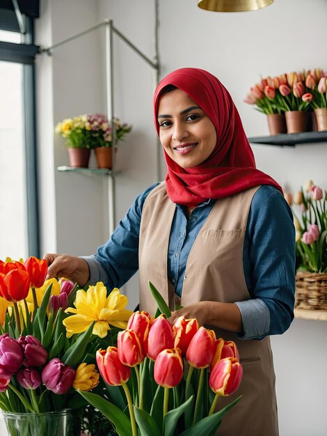 Eine muslimische Blumenhändlerin sammelt ein Bouquet von Tulpen, frisch geschnittenen Blumen in Kisten und Vasen in Blumenläden und Regalen zum Verkauf, Lieferung für den Urlaub Frühling, 8. März, Frauentag, KI-generiert