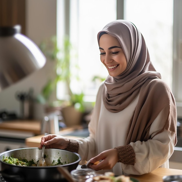 Eine muslimische Frau bereitet sich darauf vor, Frühstück für ihre Familie zu kochen