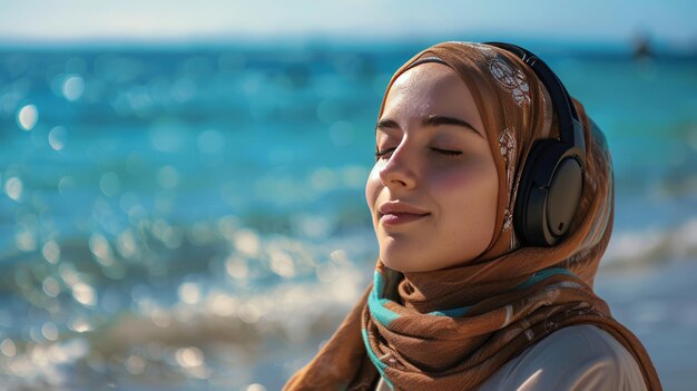 Eine muslimische Frau, die einen Hijab und ein Headset trägt, schließt ihre Augen und genießt einen Tag am Strand. Beruhigende Rhythmen treffen den Ozean. 39er flüstern nach einem seelenvollen Rückzug.